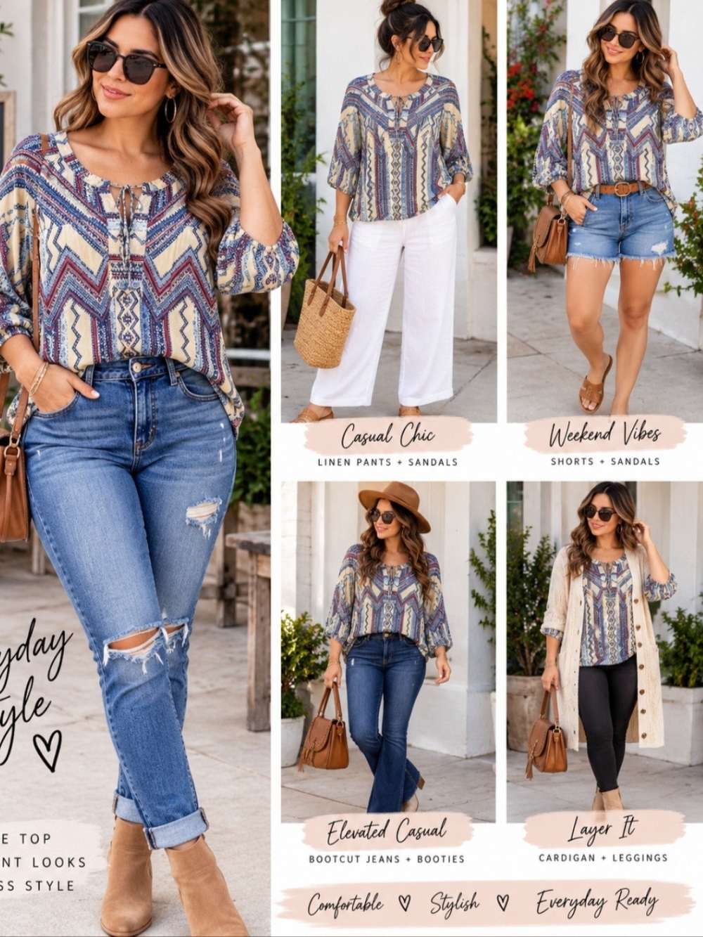 *fig and flower Blue Multi Boho Chevron Tie-Neck Blouse Pit 19